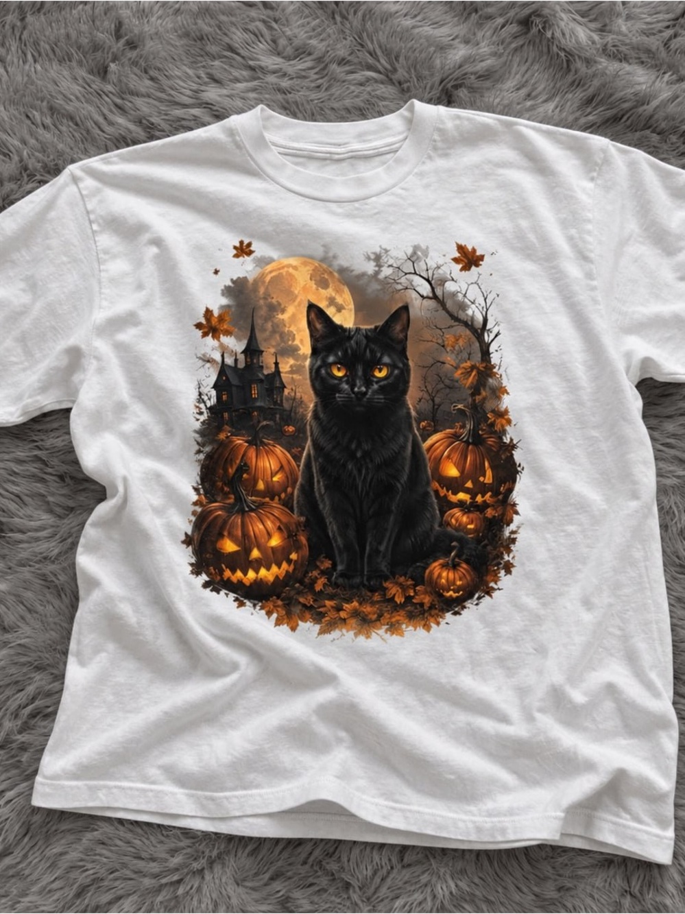 Black Cat & Orange Pumpkin Halloween Gildan White Tee Graphic